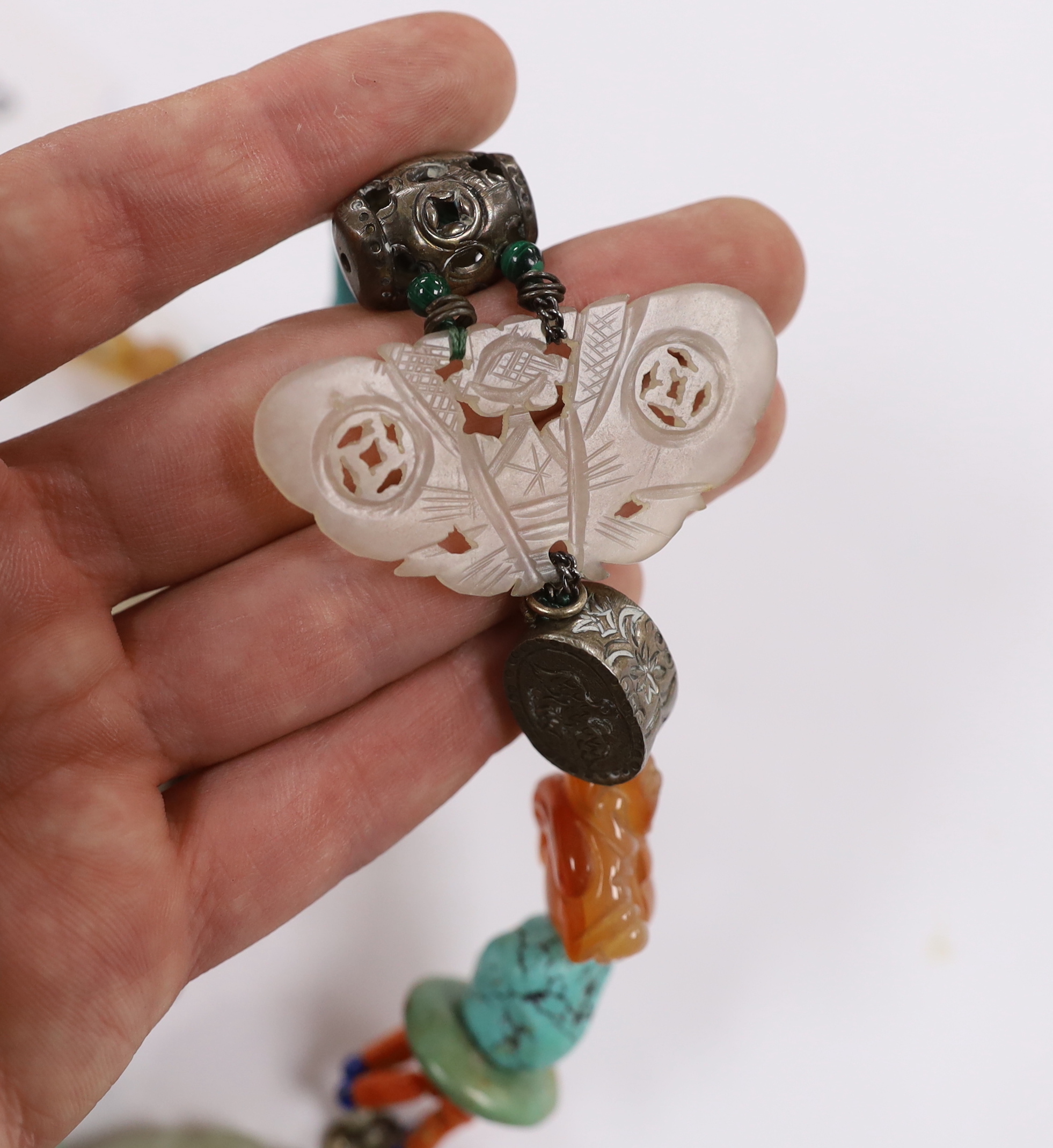 A Chinese jade and hardstone mounted necklace, in Kai Yin Lo style, including turquoise, coral and jade, 46cm long
